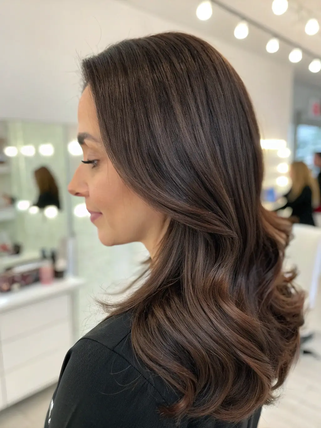 A close-up shot of a woman with a hair topper seamlessly blended into her natural hair, showcasing a realistic and undetectable hairline. The focus is on the natural texture and color match.